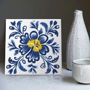 Modern Azulejo Blue Yellow Portuguese Lisbon Ceramic Tile