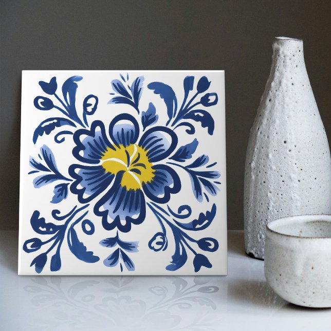 Modern Azulejo Blue Yellow Portuguese Lisbon Ceramic Tile (Creator Uploaded)