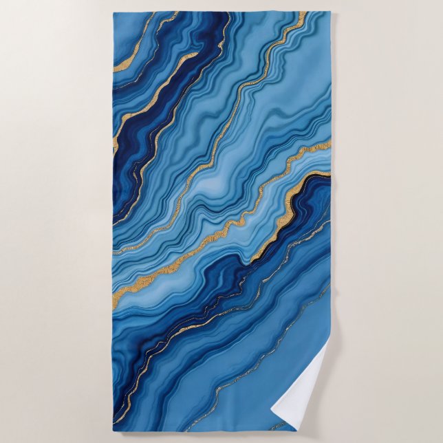 Modern Azure Blue Gold Marble Collection Beach Towel (Front)
