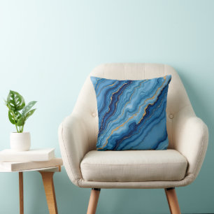 Modern Azure Blue Gold Marble Collection Cushion