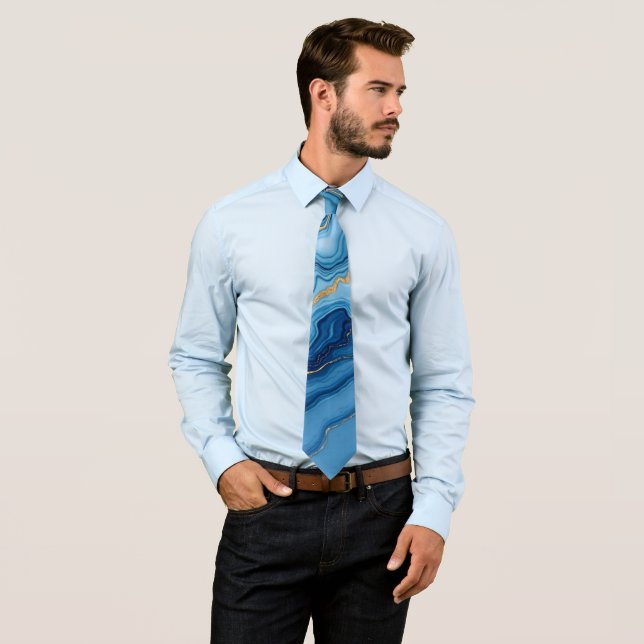 Modern Azure Blue Gold Marble Collection Tie (In Situ)