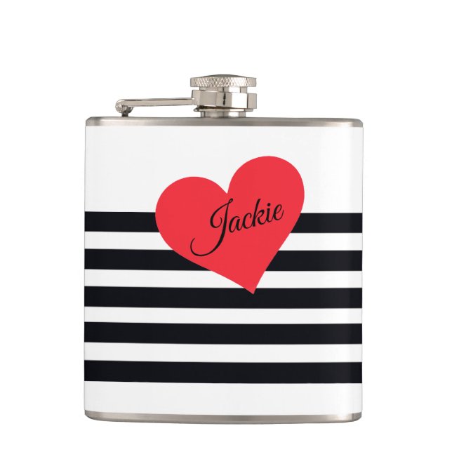 Modern B & W Striped Personalized Name Chic Cute Hip Flask (Front)
