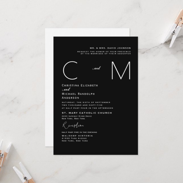 Modern B/W Wedding Monogram Invitation (Front/Back In Situ)