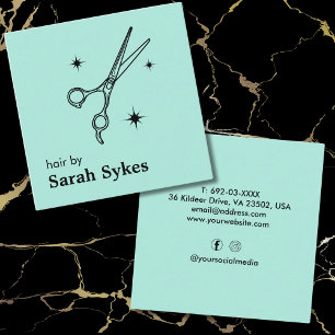 Modern Baber Shop Scissors Hair Stylist Mint Green Square Business Card