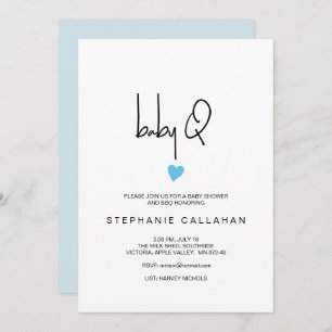Modern Baby BBQ Shower Tiny Blue Heart Invitation