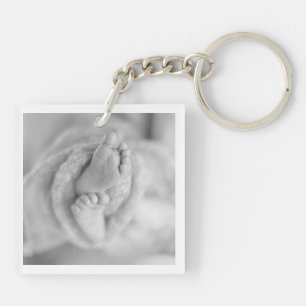 Modern Baby Birth Announcement Black White PHOTO Key Ring
