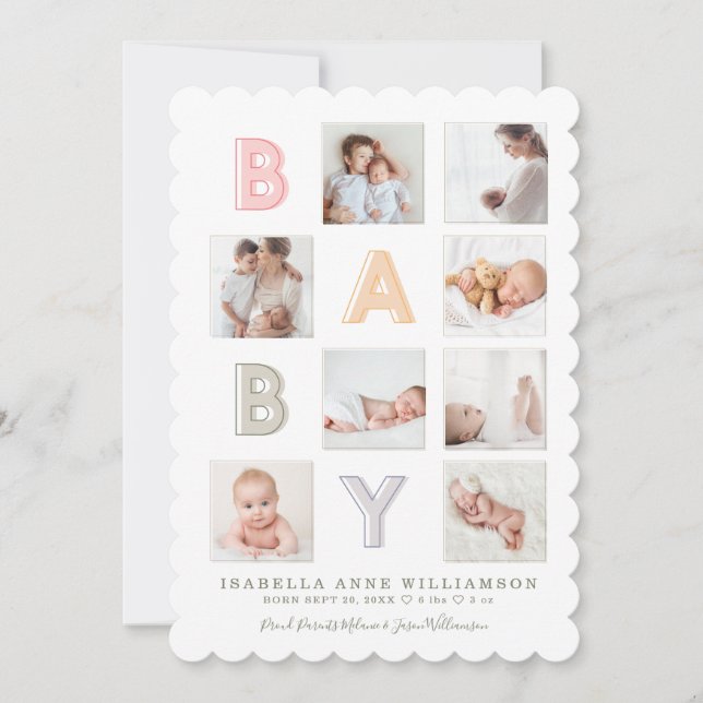 Modern Baby Block Letters Photo Grid Collage Girl Announcement (Front)