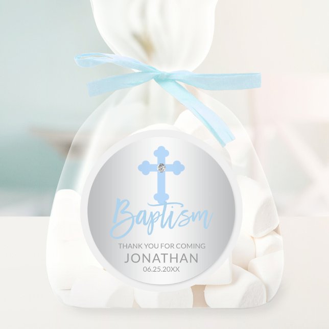 Modern Baby Blue Cross Baptism Boy Thank You Classic Round Sticker (Modern Baby Blue Cross Baptism Boy Thank You Classic Round Sticker)