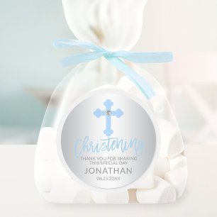 Modern Baby Blue Cross Christening Boy Thank You Classic Round Sticker