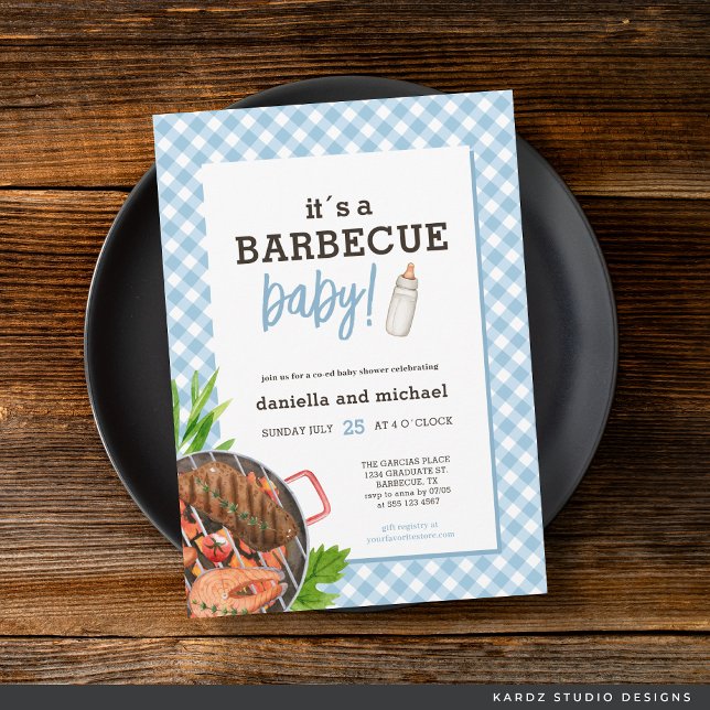Modern Baby Blue Gingham Barbecue Baby Shower Invitation (Invite shown in 5 x 7 inches, choose size, paper and corner style. Buy print or digital invitations.)