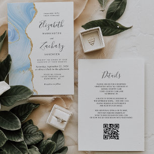 Modern Baby Blue Gold Agate QR Code Wedding Invitation