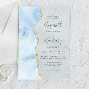 Modern Baby Blue Gold Agate Wedding Acrylic Invitations