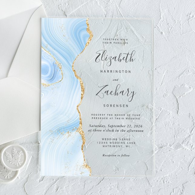 Modern Baby Blue Gold Agate Wedding Acrylic Invitations (Creator Uploaded)