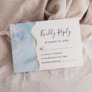Modern Baby Blue Gold Watercolor Agate Wedding RSVP Card
