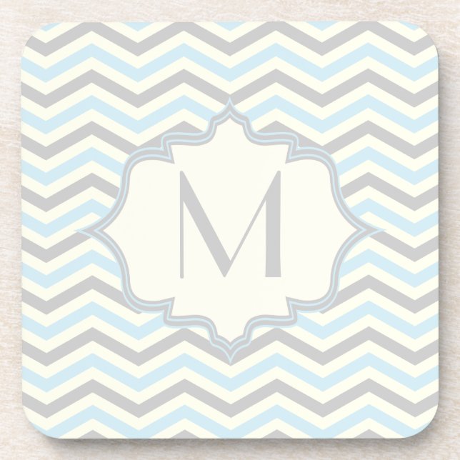 Modern baby blue, grey, ivory chevron pattern coaster (Front)