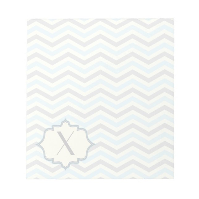 Modern baby blue, grey, ivory chevron pattern notepad (Front)