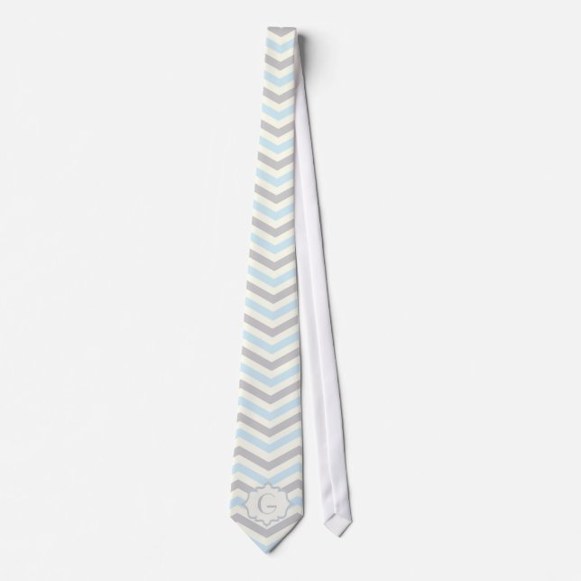 Modern baby blue, grey, ivory chevron pattern tie (Front)