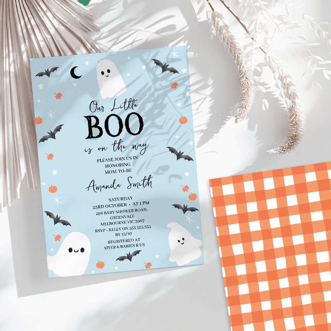 Modern Baby Blue Halloween Little Boo Baby Shower  Invitation (Blue Little Boo Baby Shower Invitation, Halloween Baby Shower Invite, Gender Neutral Ghosts)