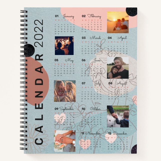 Modern Baby blue Personalised Photos 2022 Calendar Notebook (Front)