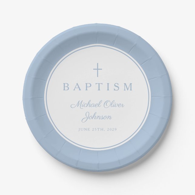 Modern Baby Blue Religious Cross Baptism Paper Plate (Front)