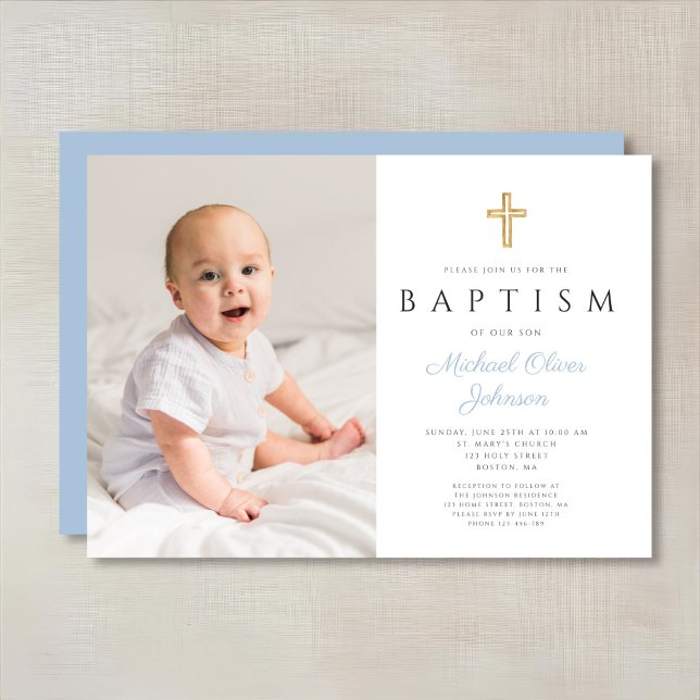 Modern Baby Blue Script Cross Boy Photo Baptism Invitation (Modern Baby Blue Script Cross Boy Photo Baptism Invitation)