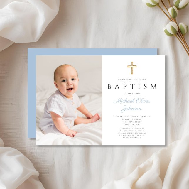 Modern Baby Blue Script Cross Boy Photo Baptism Invitation (Modern Baby Blue Script Cross Boy Photo Baptism Invitation)