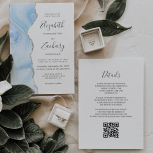 Modern Baby Blue Silver Agate QR Code Wedding Invitation