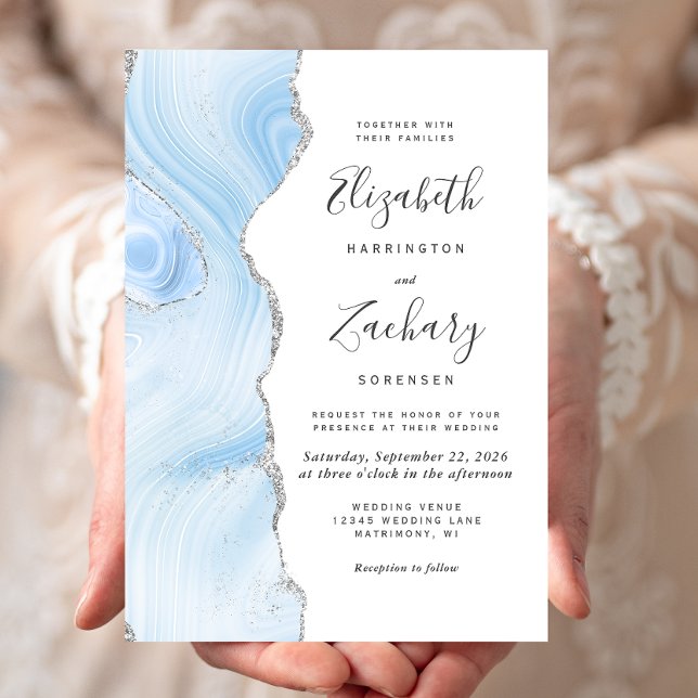 Modern Baby Blue Silver Agate Wedding Invitation (Creator Uploaded)