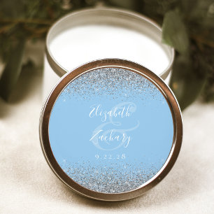 Modern Baby Blue Silver Glitter Edge Wedding Classic Round Sticker