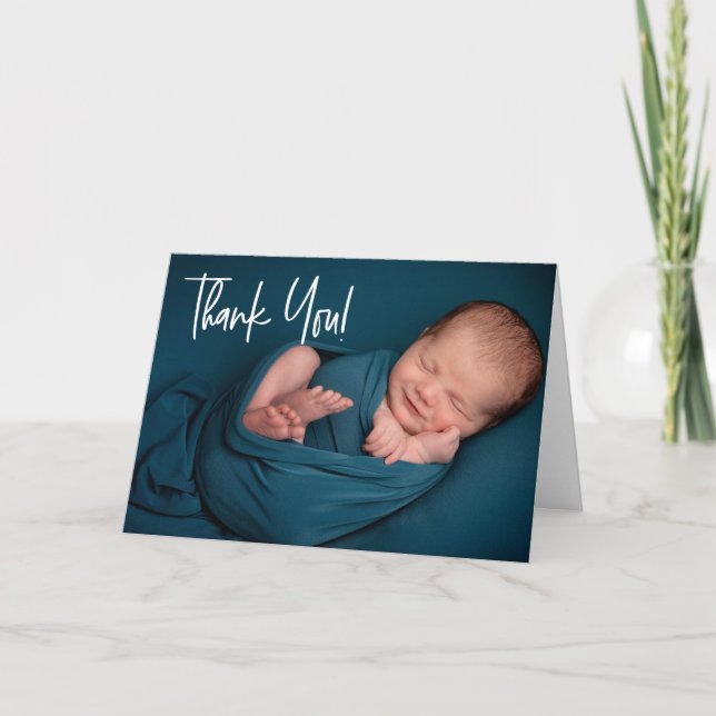 Modern Baby Boy 2 Horizontal Photos baby shower Thank You Card (Front)