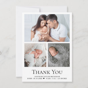 Modern Baby Boy 3 Photos Birth Stat Thank You Card