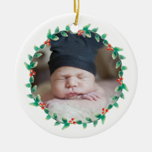 Modern Baby Boy First Christmas Photo Holly Berry Ceramic Ornament