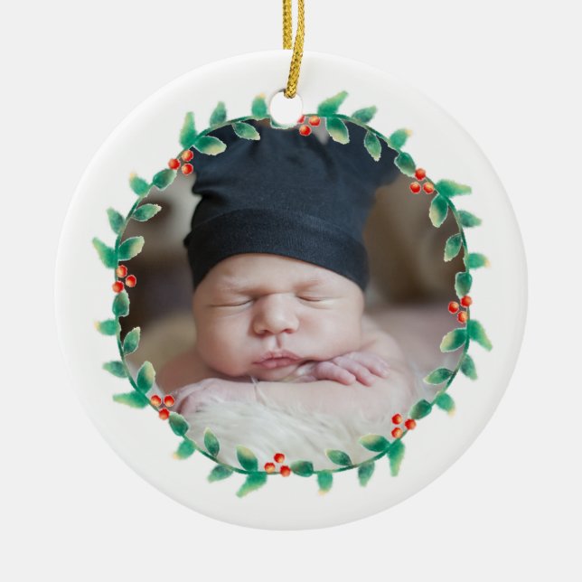 Modern Baby Boy First Christmas Photo Holly Berry Ceramic Ornament (Front)