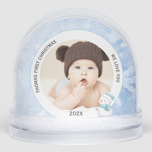 Modern Baby Boy First Christmas Photo Icy Blue  Snowglobe (Front)
