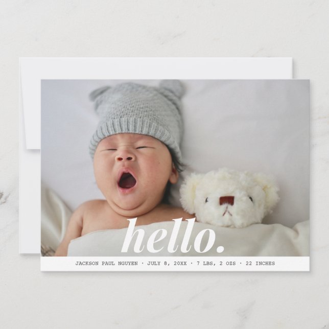 Modern Baby Boy Grey Hello Birth Announcement (Front)