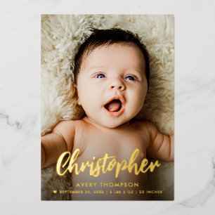 Modern Baby Boy Name script custom photo birth  Foil Holiday Card