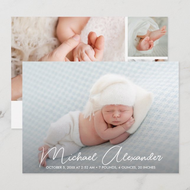 Modern Baby Boy Photo Birth Announcement (Front/Back)