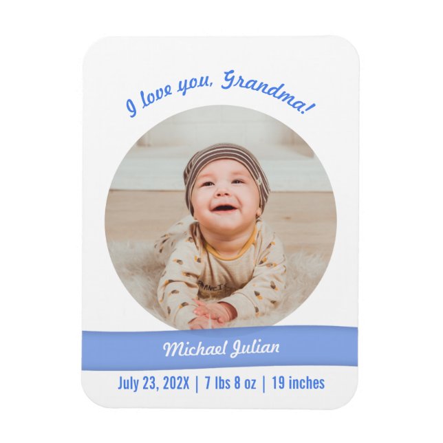 Modern Baby Boy Photo Birth Announcement Grandma Magnet (Vertical)