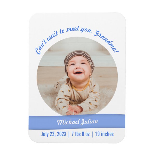 Modern Baby Boy Photo Birth Announcement Grandma Magnet (Vertical)