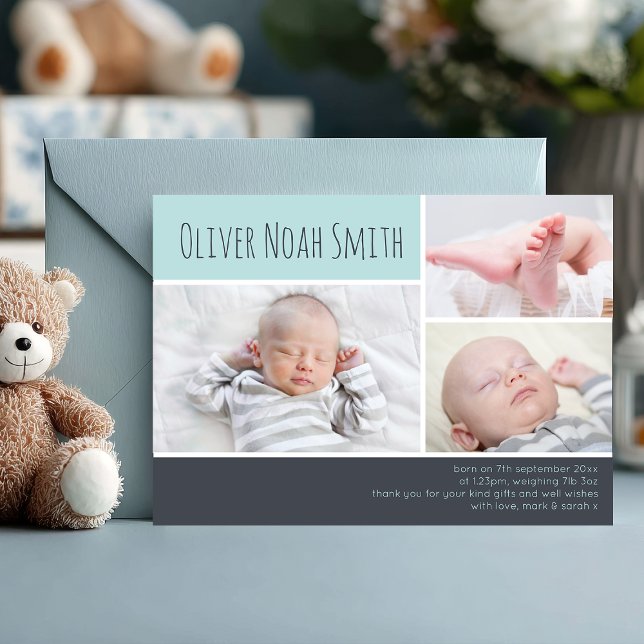 Modern Baby Boy Photo Collage Birth Announcement (Capture every sweet detail 💙 A modern photo collage birth announcement to celebrate your little one)
