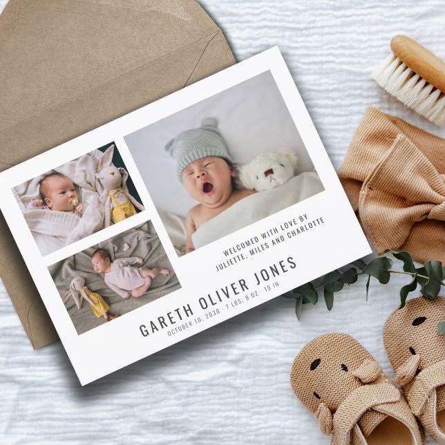 Modern Baby Boy Photo Collage Birth Announcement (Creator Uploaded)