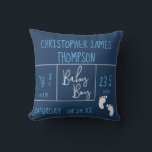 Modern Baby Boy photo Dark Blue Birth Announcement Cushion<br><div class="desc">Introducing the Modern Baby Boy Photo Dark Blue Birth Announcement Throw Pillow, a personalised and stylish way to celebrate the arrival of your precious little one. This throw pillow is designed to showcase your baby boy's photo on the back, creating a cherished keepsake that captures the joy of his birth....</div>
