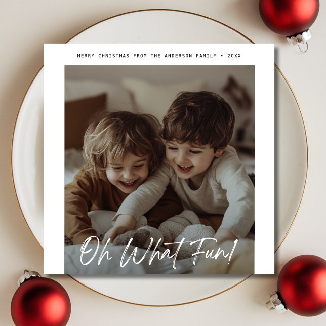 Modern Baby Christmas Photo Oh What Fun Burgundy Holiday Card (Creator Uploaded)