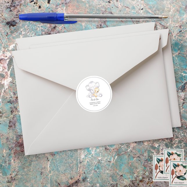 Modern Baby Elephant and Dog Thank You Classic Round Sticker (Creator Uploaded)