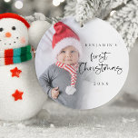 Modern Baby First Christmas Name Year Photo Ornament<br><div class="desc">Modern Baby First Christmas Name Year Photo. Great to commemorate your baby's first Christmas and a keepsake for Christmasses to come too. A beautiful set script for First Christmas and the rest of the text is easy to personalise wikth your baby's name and the year. Replace the sample photo with...</div>