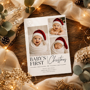 Modern Baby First Christmas Three Photo  Holiday Card