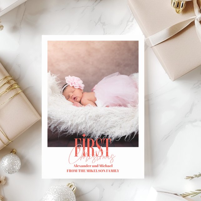 Modern Baby Girl First Christmas Custom Photo Holiday Card (Creator Uploaded)