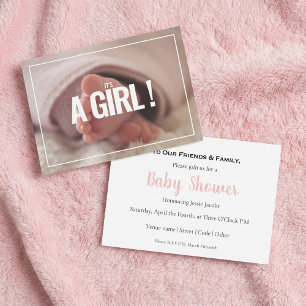 Modern baby girl photo, baby shower invitation