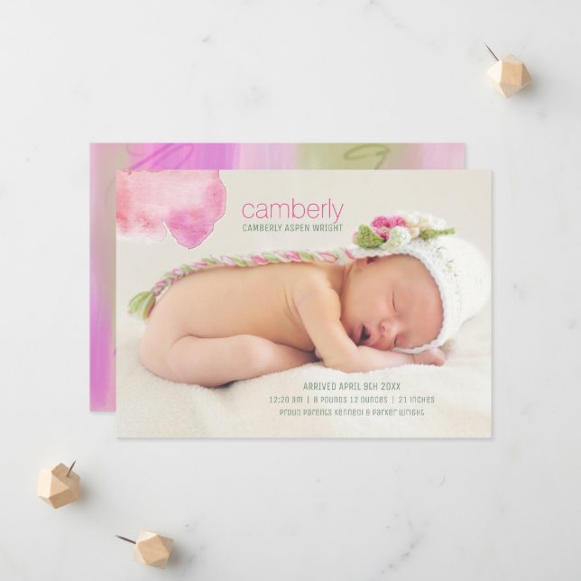 Modern Baby Girl Photo Birth Announcement (Front/Back In Situ)