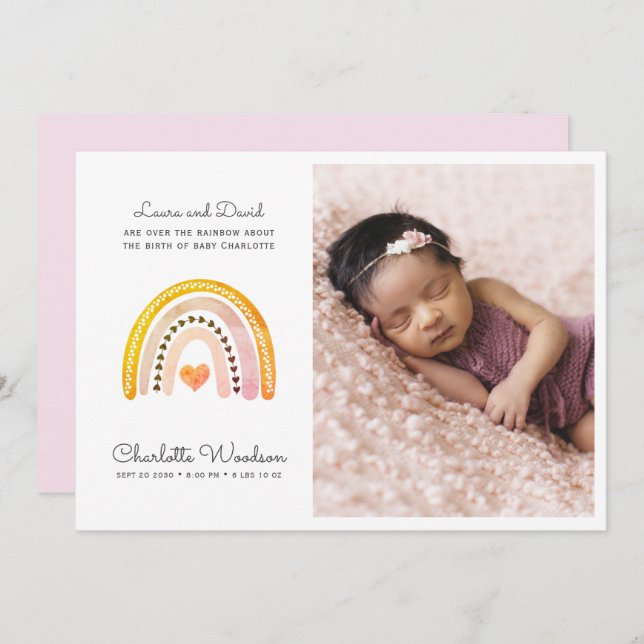 Modern Baby Girl Photo Birth Announcement | Pink (Front/Back)